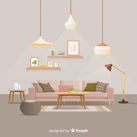 Modern home interior decoration with fla... | Free Vector #Freepik #freevector #design #house #home #furniture Interior Design Vector, Modern Home Interior, Interior Design Drawings, Interior Design Sketches, Pink Sofa, Flat Interior, Interior Illustration, Modern Houses Interior, Shop Interior Design