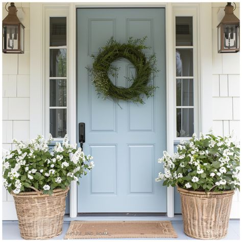 Spring Wreath Ideas: Elevate Your Porch Decor with an Outdoor Wreath - houseandroam.com Front Porch Styling, Foyer Remodel, Porch Styling, Split Foyer, Blue Front Door, Spring Porch Decor, Outdoor Wreath, Painted Front Doors, Outdoor Wreaths