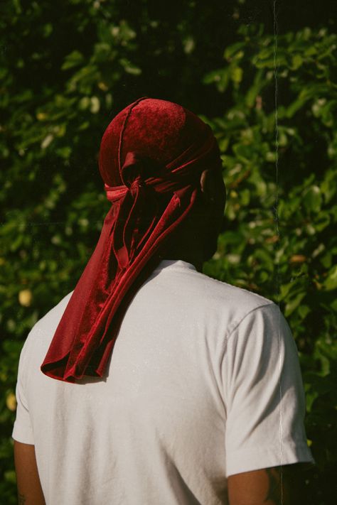 Durags Men Fashion Photography, Velvet Durags Men, Durags Men Fashion, Red Durag, Durag Fashion, Cast Photoshoot, Retro Shoot, Velvet Durag, Concrete Rose