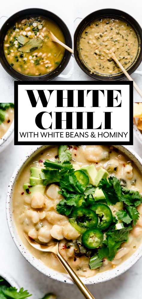 Vegan White Chili, Vegetarian White Chili Recipe, Chili With White Beans, Vegetarian White Chili, Hominy Recipes, Creamy White Chili, White Chili Recipe, White Bean Chili, Vegetarian Chili Recipe