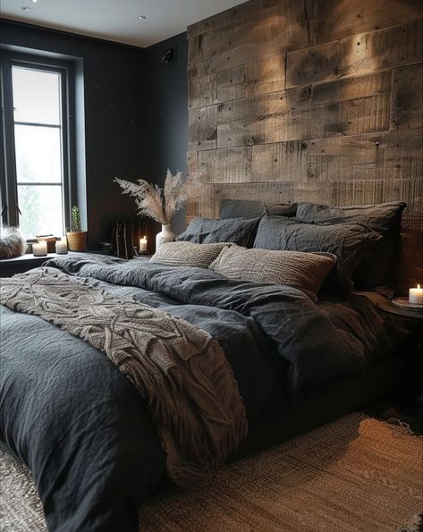 Charcoal And Wood Bedroom, Wood Inspired Bedroom, Moody Cabin Bedroom, Small Mens Bedroom, Dark Gray Bedroom Ideas, Bedding Combo, Masculine Bedroom Design, Wood Walls Bedroom, Male Bedroom Ideas