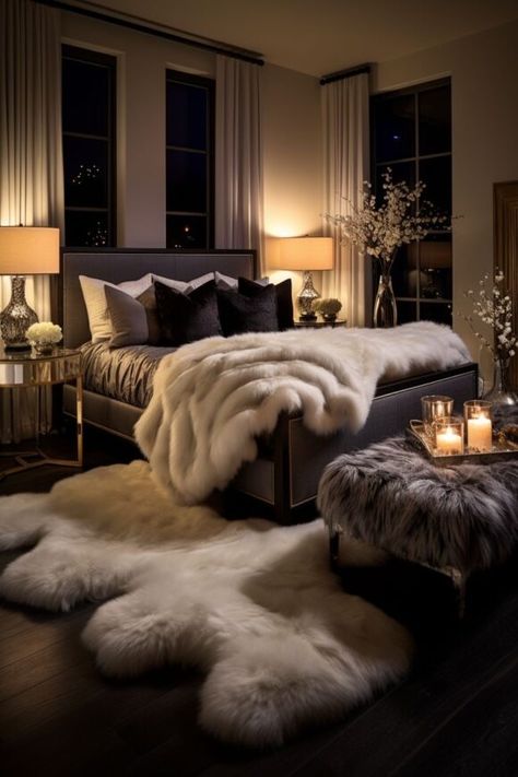 How to Decorate a Femme Fatale Bedroom & Decor Inspiration Comfy Glam Bedroom, Brown And Silver Bedroom Ideas, Dark Brown And White Bedroom Ideas, Black And White Feminine Bedroom, Fuzzy Bedroom Ideas, Window Beside Bed, Boujee Room Aesthetic, Black Comforter Bedroom Ideas, Luxury Room Aesthetic