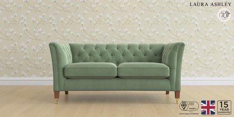 Buy Chatsworth Button Back by Laura Ashley Small Sofa Ailsworth Moss Green Straight Brass Castor - Teak from the Next UK online shop Ashley Sofa, Laura Ashley Sofa, New House Living Room, Accent Arm Chairs, Small Sofa, Custom Sofa, Linen Shop, Wedding Guest Dress Summer, Sofas And Chairs