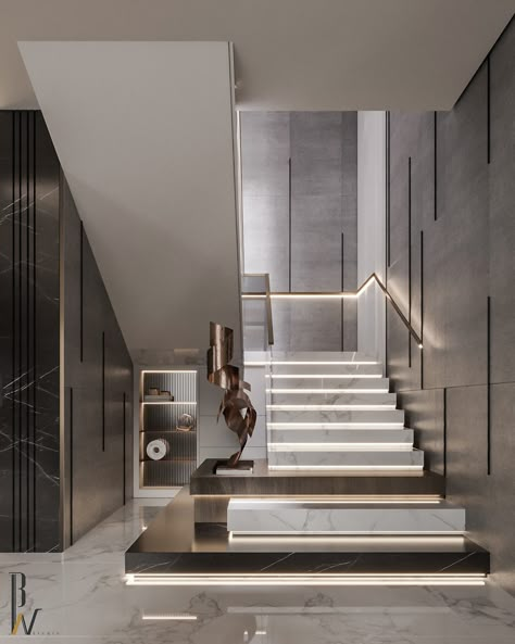 Staircase Design Modern Stair Walls, Stairs Wall Design Modern, Modern Luxury Foyer, Staircase Wall Design Modern, Modern Entrance Hall, Stair Wall Design, Stairs Wall Design, Staircase Wall Design, Luxury Stairs