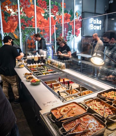 Rice Bowl Restaurant Design, Poke Bowl Station, Poke Bowl Restaurant Design, Hot Food Buffet Ideas, Poke Restaurant Design, Rice Bowl Bar, Poke Bowl Bar, Poke Bowl Restaurant, Poke Restaurant