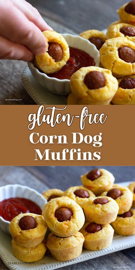 Two photos of the gluten free mini corn dogs. In one, a corn dog is being dipped in ketchup. The other photo shows a platter of the corn dogs. Gluten Free Super Bowl Food, Gluten Free Kids Snacks, Gluten Free Corn Dogs, Gluten Free Hot Dogs, Gluten Free School Lunches, Dog Muffins, Gluten Free Recipes Appetizers, Gluten Free Recipes For Lunch, Corn Dog Muffins