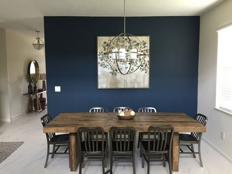 Navy Feature Wall Dining Room, Navy Blue Kitchen Walls, Slate Blue Dining Room, Navy Blue Dining Room Decor, Dark Blue Dining Room, Blue Dining Room Walls, Blue Dining Room Decor, Dining Room Navy, Blue Kitchen Walls