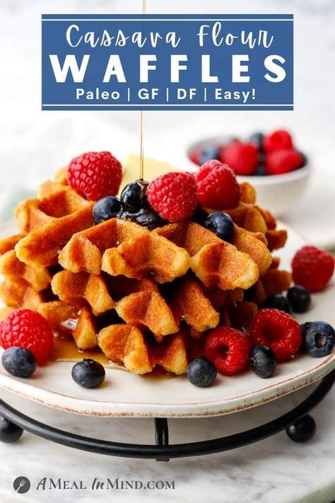 These easy paleo cassava flour Belgian waffles are crispy on the outside but fluffy and elastic on the inside. They're grain-free and vegan, and their mild flavor goes equally well with sweet or savory toppings. A great gluten-free recipe for weekend mornings! | A Meal In Mind @amealinmind #amealinmind |Easy Paleo Waffles | Gluten-Free Waffles | Grain-Free Breakfast | #waffles #cassavaflour Cassava Flour Waffles, Aip Waffles, Paleo Sweet Potato Breakfast, Coconut Milk Pancakes, Breakfast Potatoes Skillet, Paleo Waffles, Grain Free Breakfast, Healthy Gluten Free Breakfast, Baked Breakfast Recipes