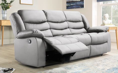 Sorrento Light Grey Leather 3 Seater Recliner Sofa | Furniture Choice 3 Seater Recliner Sofa, Black Leather Ottoman, Gray Living Room Design, Recliner Sofas, King Storage Bed, Ottoman Storage Bed, Luxury Mattresses, Clean Sofa, Buy Sofa