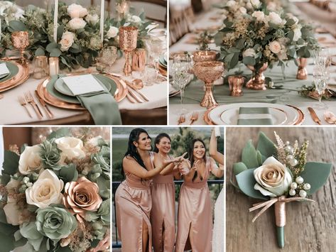 If you are looking for ideas to create your wedding color palette, then check out these beautiful rose gold and sage green wedding color ideas to inspire you! Rose Gold And Green Wedding Theme, Rose Gold And Sage Green Wedding, Gold And Sage Green Wedding, Sage Green And Champagne Wedding, Champagne Wedding Decorations, Cream Wedding Colors, Sage And Beige, Sage Green Wedding Colors, Green Gold Weddings