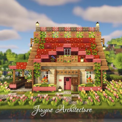 Minecraft Terracotta House, Minecraft Terracotta, Build Aesthetic, Houses In Minecraft, Terracotta House, Strawberry Cottage, Cottage Minecraft, Cottagecore Minecraft, Aesthetic Strawberry