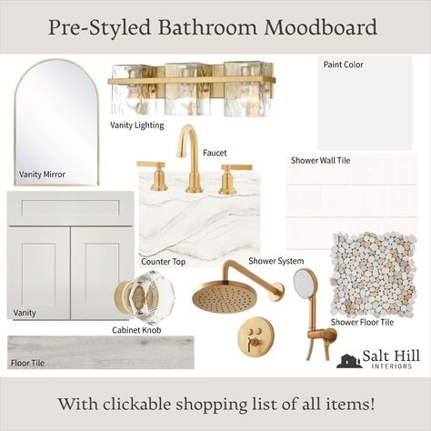 Looking to remodel your home but have no idea where to start with the bathroom selections? An Interior Designer styled moodboard is just what you need! Take the guesswork out of your home design and let a professional designer help you without even having to hire one!  Moodboards can be a valuable resource to help make your design journey quick, easy, and affordable. Order as much or as little as you need with the easy-click shopping links.  HOW IT WORKS: 1. After you place your order, a downloa Bathrooms With Gold Faucets, Black White Grey Gold Bathroom, Beige And Gold Bathroom, White Bathroom With Gold Fixtures, Tan Bathroom Vanity, English Cottage Bathroom Ideas, Gold Accent Bathroom, White And Gold Bathroom Ideas, Bathroom Mood Board Inspiration