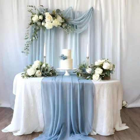 Dusty Blue Fall Wedding Decor, Powder Blue Decor Wedding, Dusty Blue Centrepiece, Dusty Blue Bridal Shower Backdrop, Wedding Table Dusty Blue, Blue Wedding Decor Ideas, Dusty Blue November Wedding, Bride And Groom Table Dusty Blue, Blue And Grey Table Setting