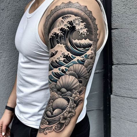 "Dive into Serenity: Ocean-Inspired Half-Sleeve" Detailed waves and shells flow seamlessly in this breathtaking black-and-grey half-sleeve tattoo. on the demand of one of our follower #HalfSleeveTattoo #OceanWaves #TattooInspiration #TattooDesign #tattoos #tattooart #tattooing #tattooideas #tattoodesign #tattooartist #tattooart #tattooinspiration Men’s Wave Tattoo, Black And Grey Ocean Tattoo, Ocean Tattoo Men, Ocean Theme Sleeve Tattoo, Trisha Tattoo, Water Sleeve Tattoo, Waves Tattoo Design, Wave Tattoo Sleeve, Japanese Wave Tattoos