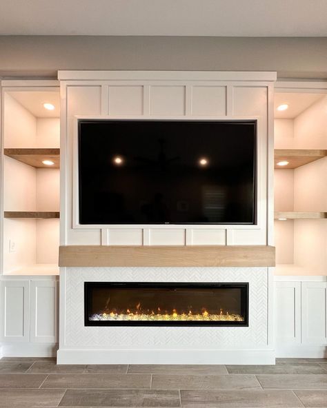 Media Wall Ideas With Electric Fireplace, Shiplap Linear Fireplace With Tv, Shiplap Fireplace With Tv Built Ins, Electric Fireplace With Board And Batten, Herringbone Electric Fireplace, Entertainment Built In With Fireplace, Built In Mantle With Electric Fireplace, Built In Tv Wall Unit With Fireplace Bedroom, Build Out Electric Fireplace