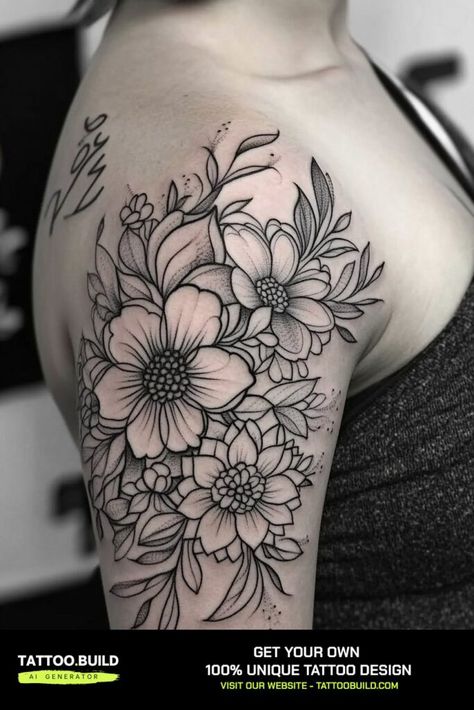 Elegant Ladies Shoulder Tattoo Ideas Beautiful Floral Designs for Stylish Women Tattoo Build Women Floral Shoulder Tattoo, Back Shoulder Flower Tattoos For Women, Floral Shoulder Cap Tattoo Fine Line, Upper Shoulder Tattoos, Large Shoulder Tattoos For Women, Back Shoulder Floral Tattoo, Peony Collar Bone Tattoo, Lower Back Cover Up Tattoos, Flower Tattoo Designs Shoulder