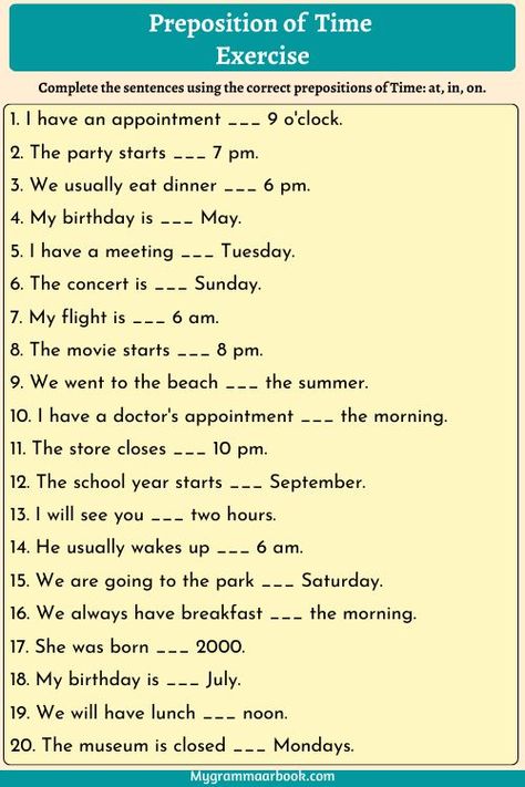 Prepositions of Time Exercises Worksheet Preposition Of Time, In On At, Easy English Grammar, Third Grade Worksheets, Preposition Worksheets, Worksheets For Class 1, English Prepositions, Language Worksheets, The Worksheet