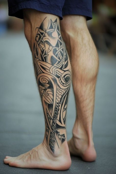 Person with an intricate black tribal tattoo on their calf. Celtic Leg Tattoo, Tattoo Legs For Men, Tatoos Men Ideas Unique, Viking Leg Tattoo, Legs Tattoo Men, Tattoo Leg Men, Tattoos For Men Japanese, Tattoos For Men Upper Arm, Tattoos For Men Neck