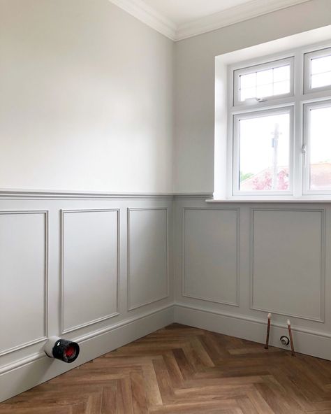 Wall Panelling Feature Wall, Cream Wainscotting White Walls, Cheshire Panelling, Wall Panelling Around Window, Box Room Panelling, Grey Half Wall Panelling, Panelled Walls With Windows, Painting Half Paneling Walls, Wallpaper And Wall Panelling