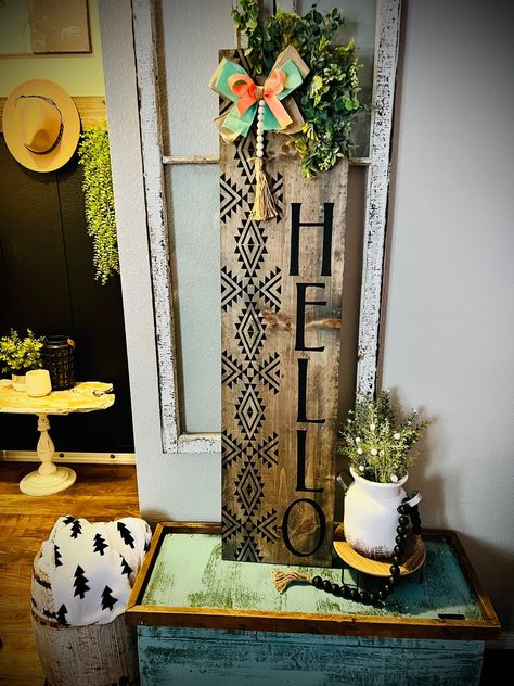 Aztec Welcome Sign | Rustic Farmhouse Welcome Porch Sign by GigersGiftsLLC on Etsy Summer Porch Signs, Welcome Porch Sign, Vinyl Stencil, Last Five Years, Door Signs Diy, Wooden Welcome Signs, Front Porch Signs, Porch Welcome Sign, Porch Sign