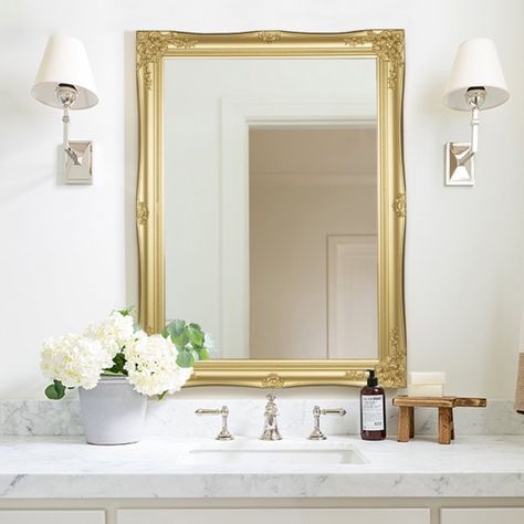 Hans&Alice European Style Decorative Mirrors for Wall, Bathroom Mirrors Wall Mounted Mirror - Walmart.com Gold Square Mirror Bedroom, Vintage Gold Bathroom, Gold Mirror Bathroom, Gold Bathroom Mirror, Gold Vanity Mirror, Vertical Mirror, Decorative Bathroom Mirrors, Gold Mirrors, Scalloped Mirror