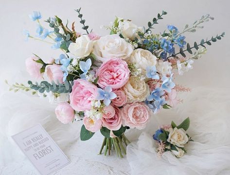 Light Blue Wedding Theme Flowers, Pink White Blue Wedding Flowers, Blue And Pink Wedding Flowers, Blue And Pink Bouquet, Pink White And Blue Bridal Bouquet, Light Blue And Pink Bouquet, Pink And Blue Wedding Flowers, Dusty Blue And Light Pink Wedding Bridal Bouquets, Pink And Blue Bouquet