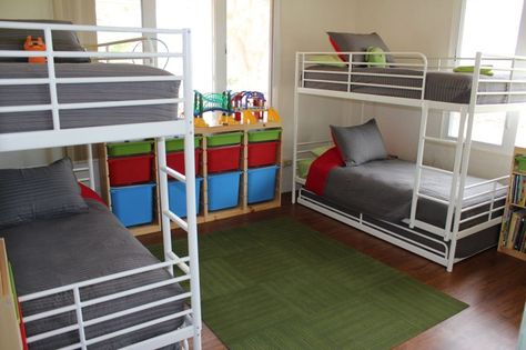 Here's what we did to fit 6 kids in one room... without feeling like sardines! Kids Room Shared, Bunk Bed Ideas Diy, Kids Rooms Shared, Cool Bunk Beds, Bunk Beds With Stairs, Bunk Bed Designs, Boy Bedroom Design, Kids Bunk Beds, Shared Bedrooms