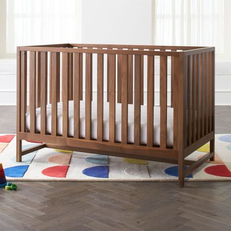 Taylor Walnut Baby Crib + Reviews | Crate & Kids Walnut Crib, Modern Baby Cribs, Wood Crib, Bed Rails For Toddlers, Baby Nursery Inspiration, Toddler Beds, Adjustable Mattress, Nursery Crib, Modern Furniture Stores