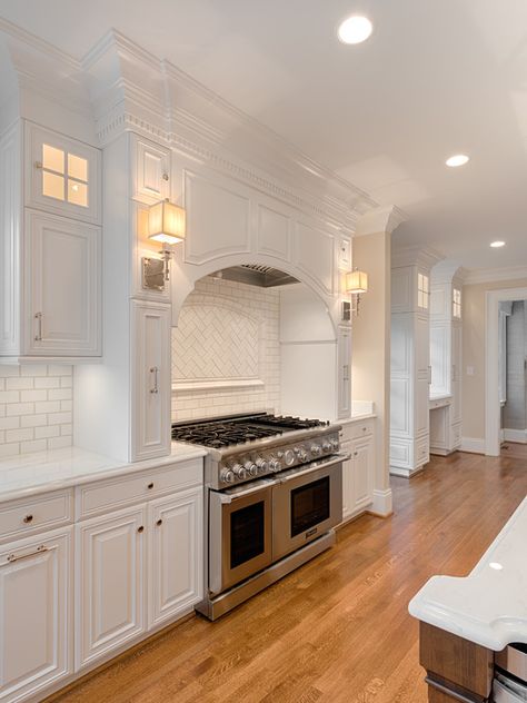 Kitchen Hood Design, White Kitchen Design, Kitchen Hoods, Kitchen Stove, Sarasota Florida, Transitional Kitchen, Trendy Kitchen, White Kitchen Cabinets, Large Kitchen