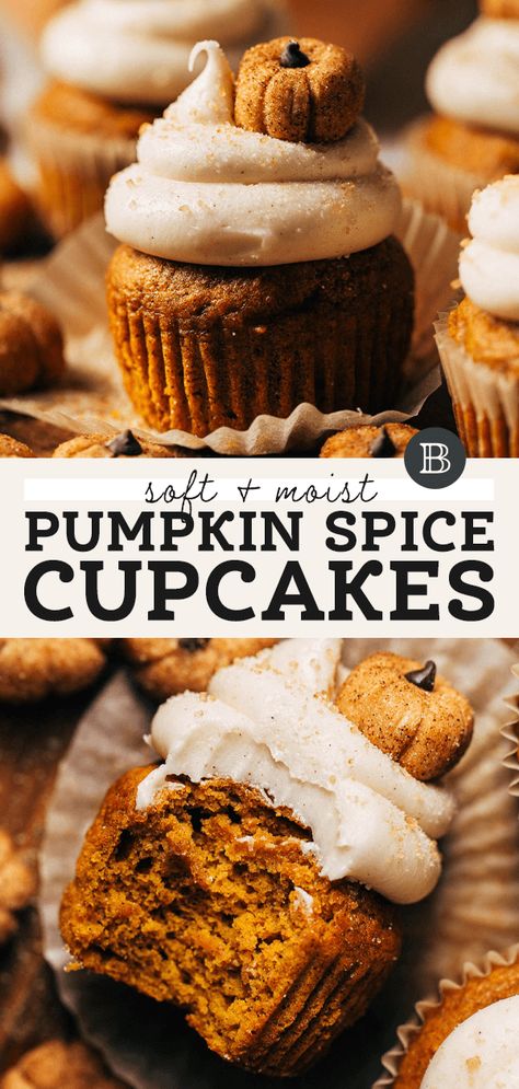 These adorable pumpkin cupcakes are so moist and topped with silky cream cheese frosting. Adorn them with the cutest little homemade edible pumpkins to make these cupcakes extra special! #pumpkinspice #pumpkinscupcakes #pumpkincake #butternutbakery | butternutbakeryblog.com Pumpkin Cupcakes With Cream Cheese, Cupcakes With Cream Cheese Frosting, Delicious Cream, Spice Cupcakes, Pumpkin Cupcakes, Pumpkin Spice Cupcakes, Köstliche Desserts, Pumpkin Dessert, Easy Pumpkin