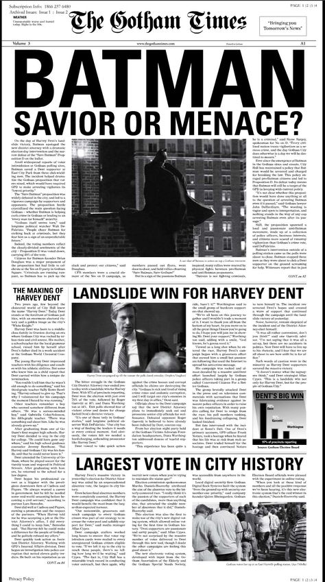 The Dark Knight - Gotham Times Batman Newspaper Wallpaper, Gotham City Newspaper, Batman Newspaper, Batman Sleeve, Broadsheet Newspaper, Batman Aesthetic, Newspaper Wallpaper, Harvey Dent, The Dark Knight Trilogy