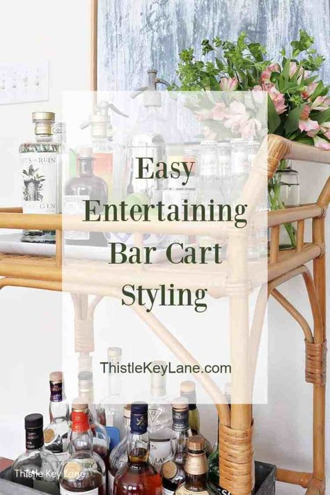 Easy Entertaining Bar Cart Styling - See how to style a sophisticated bar cart for entertaining featuring vintage and organic elements. Home Bar Set Up. Home Bar Styling. Setting Up A Bar Cart. Using Vintage Accents On A Bar Cart. Mini Bar Set Up Ideas, Outdoor Bar Cart Styling, Wine Cart Ideas, How To Style A Bar Cart, Setting Up A Bar, Bar Cart Styling Ideas, Bar Cart Inspiration, Bar Cart Essentials, Bar Cart Design