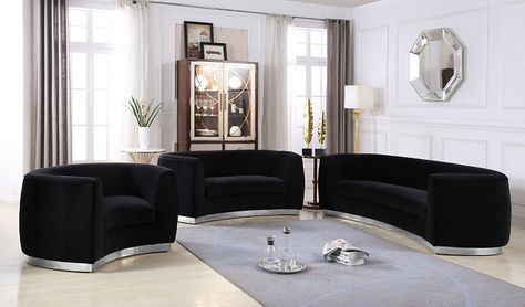 🖤 The Charm of Furniture In Black ➡️ http://blog.furniturecart.com/black-furniture/ Public Rooftop, Black Velvet Chair, Black Velvet Sofa, Cheap Living Room Sets, Black Accent Chair, Fancy Furniture, Black Furniture Living Room, Home Decorating Styles, Cheap Living Room Furniture