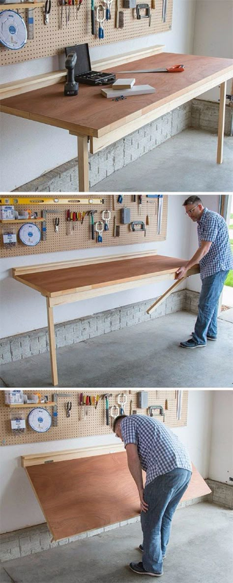 DIY Projects Your Garage Needs -DIY Folding Bench Work Table - Do It Yourself Garage Makeover Ideas Include Storage, Organization, Shelves, and Project Plans for Cool New Garage Decor http://diyjoy.com/diy-projects-garage Rifacimento Garage, Do It Yourself Garage, Diy Projects Garage, Murphy Table, Diy Projects For Men, Folding Bench, Garage Makeover, Craft Room Storage, Building A Shed