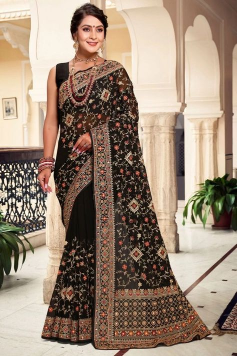 Kashmiri Embroidered Black Georgette Saree Heavy Work Sarees Party Wear, Work Sarees Party Wear, Heavy Work Sarees, Embroidery Work Saree, Saree Party Wear, Heavy Work, Embroidered Saree, Georgette Blouse, Ethnic Looks