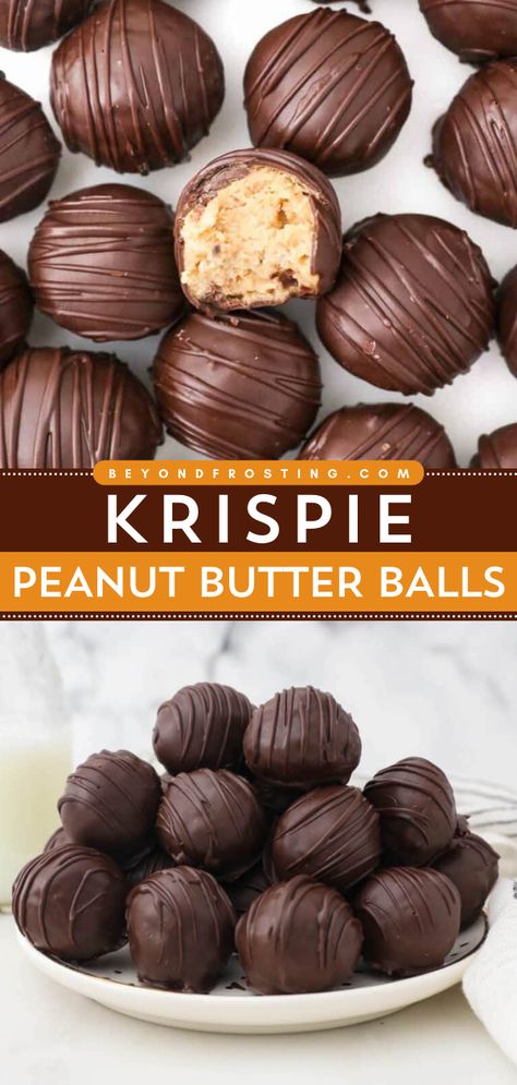 Turn to this recipe using rice krispies cereal for a fun Christmas treat! These peanut butter balls with rice krispies will become your new favorite holiday dessert idea. Covered in dark chocolate, these homemade krispie peanut butter balls are rich and satisfying! Chocolate Peanut Butter Balls With Rice Krispies Recipe, Pb Rice Krispie Balls, Chocolate Peanut Butter Balls With Rice Krispies, Chocolate Peanut Butter Rice Balls, Chocolate Rice Krispie Balls Recipe, Rice Krispies Peanut Butter Balls, Rice Krispie Cereal Recipes, Peanut Butter Balls With Rice Krispies, Peanut Butter Balls Rice Krispies