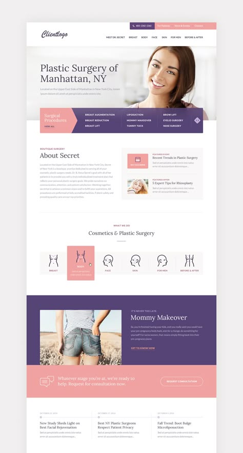 This is another clean layout that could work well with the BASC bran, content, and color palette Hospital Website, Medical Website, Medical Website Design, Feminine Website Design, Webdesign Inspiration, Mommy Makeover, Homepage Design, Medical Doctor, Medical Design