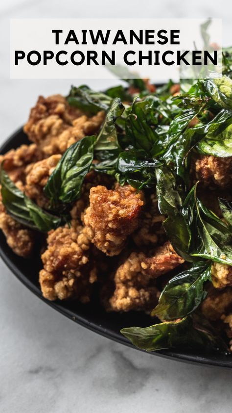 Platter of Taiwanese popcorn chicken with fried basil Asian Night Market, Taiwanese Fried Chicken Recipe, Taiwanese Popcorn Chicken, Fried Basil, Popcorn Chicken Recipe, Ground Pork Recipes, Taiwanese Food, Easy Asian Recipes, Tea Cafe