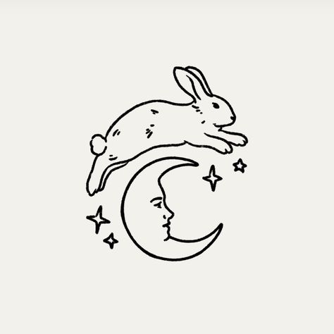 Rabbit Moon Art, Small Bunny Tattoo Simple, Bunny Witch Art, Dark Cottagecore Tattoo Ideas, The Bolter Tattoo, Bunny Flash Tattoo, Cartoon Bunny Tattoo, Sleeping Bunny Drawing, Cartoon Bat Tattoo