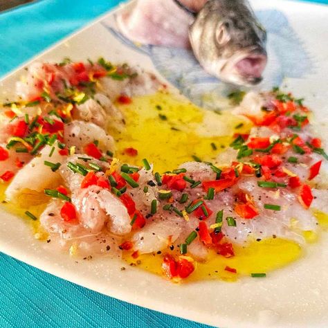 Sea Bass Carpaccio | Kalofagas.ca Carpaccio Recipe, Greek Fish, Vegetarian Risotto, Nutella Ice Cream, Cream Desserts, Fresh Chives, Sea Bass, Ice Cream Desserts, Fried Fish