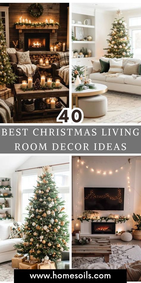 Get inspired with these 40 best Christmas living room decor ideas! From twinkling lights and festive garlands to cozy throws and elegant ornaments, these designs will transform your living space into a warm, magical setting for the holidays. Christmas Front Room Ideas, House Interior Christmas Decor, Christmas Tree Location In Living Room, Christmas Theme Home Decor, Beautiful Christmas Living Room, Christmas For Apartments, Christmas Living Room With Fireplace, Lounge Christmas Decor, Rich House Christmas Decor