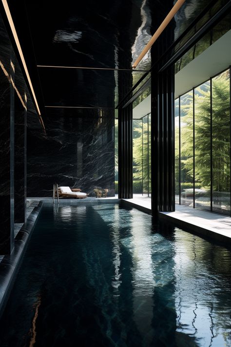 Black Infinity Pool, Dark Indoor Pool, Black Pools Swimming, Dark Spa Aesthetic, Dark Pool Aesthetic, Black Tile Pool, Swimming Pool Inside House, Modern Indoor Pool, Modern House Pool