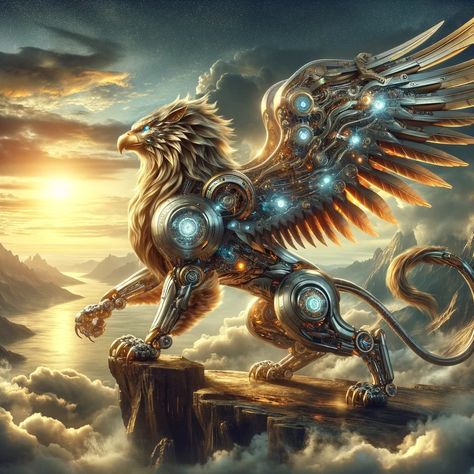 Robotic griffin, a majestic fusion of lion and eagle, ruling over land and sky with technological splendor. 🦅🦁🌅 #RoboticGriffin #MythicalTechnology #RegalRobotics #AIConnectNetwork #GoldenMechanics #FantasyMeetsTech #DominionOverElements #EpicTechMythology Griffin Wallpaper, Lion And Eagle, Griffin Art, Robot Lion, Dnd Magic, Mythological Animals, Futuristic Robot, Transformers Design, Reading Club