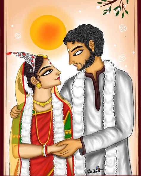 Bengali Wedding Painting, Bengali Bride Painting, Bengali Bride Drawing, Bengali Wedding Illustration, Bengali Drawing, Kulo Art, Kettle Art, Panjabi Design, Bride Art