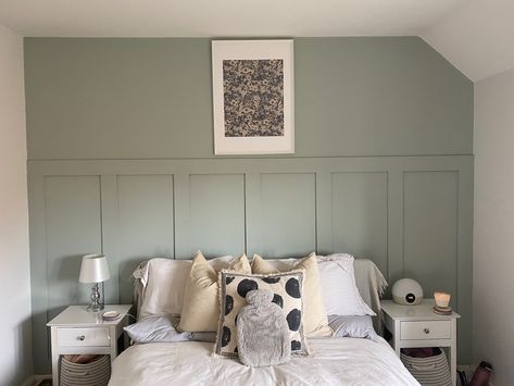 Green Bedroom Panelling, Small Room Transformation, Dulux Warm Neutrals, Dulux Tranquil Dawn, Bedroom Panelling, Tranquil Dawn, Sage Green Bedroom, Green Bedroom, Bedroom Panel