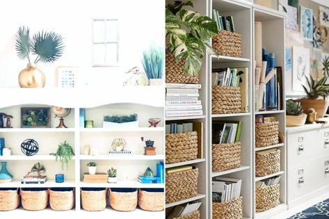 Bamboo Shelf Styling, Rattan Shelves Styling, Rattan Shelves Bedroom, How To Style Rattan Shelves, Minimal Bookshelf, Office Sunroom, Shelf Decorating Ideas, Modern Shelf Decor, Vintage Rattan Shelves