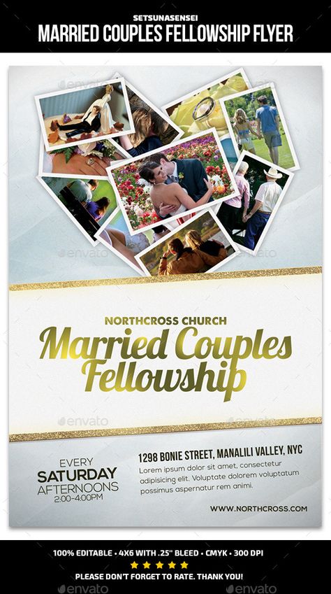 Married Couples Fellowship Church Flyer This flyer is perfect for promoting a Christian Churchs Couples Fellowship program. FeaturesFlyers size is 46 with .25 bleeds, CMYK 300DPI. Layers are all well organized. Ready to print. Photos are not included in the do Couples Fellowship Ideas, Couples Ministry, Handout Design, Giveaway Ideas, Prayer Meeting, Flyer Free, Ministry Ideas, Print Photos, Church Graphic Design