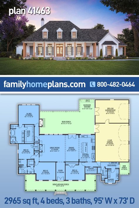 Acadian, Colonial, One-Story Style House Plan 41463 with 2965 Sq Ft, 4 Bed, 3 Bath, 3 Car Garage Side Porch House Plans, Large One Story House Plans Dream Homes, 4 Bedroom House Plans With Jack And Jill Bathroom, One Level Open Floor Plan Homes, Four Car Garage House Plans, 2500-3000 Sq Ft House Plans, House Plans With Secret Rooms, 4 Bedroom 3 Car Garage House Plans, Rear Garage House Plans