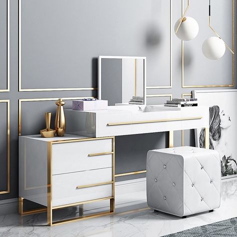 White Makeup Vanity with Flip Top Mirror & Side Cabinet Dressing Table with Drawers Gold Stainless Steel Diy Vanity Table, Dressing Table With Drawers, Vanity Table Set, Dressing Table Design, Dressing Table Vanity, Dressing Room Design, Side Cabinet, Modern Bedroom Design, Vanity Table