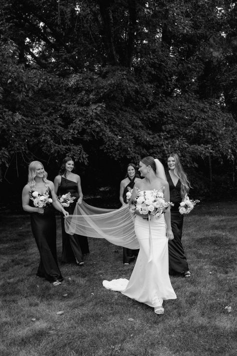 Bridal party poses, black tie wedding Black White Wedding Aesthetic, Black Tie Farm Wedding, Black Tie Wedding Aesthetic, All Black Bridal Party, Summer Black Tie Wedding, All White Bridal Party, Black Tie Wedding Party, Black And White Bridal Party, Black And White Wedding Party